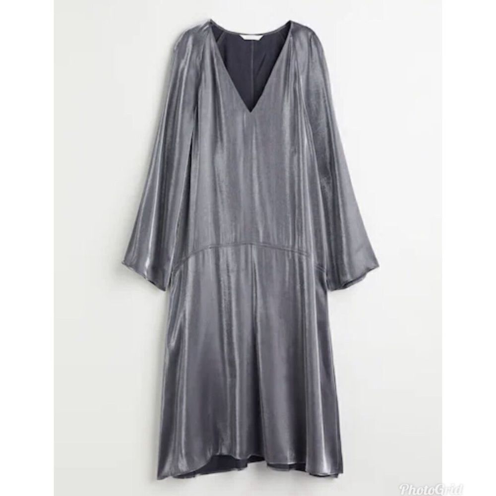 H&M Metallic Gray Silver Shimmer Long Sleeve V Neck Peasant Midi Dress